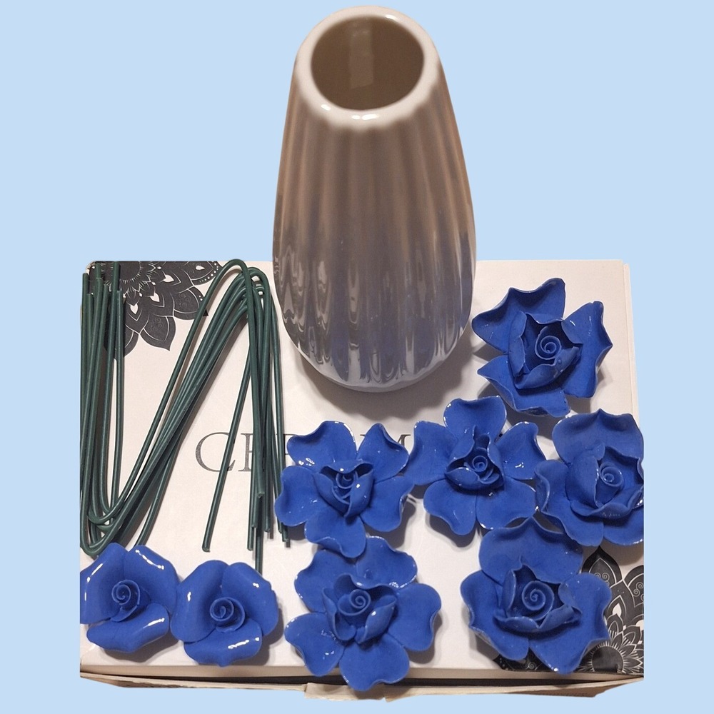 Cobalt Blue Ceramic Roses Set with White Fluted Bud Vase and Floral Stems